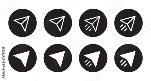 Share, paper plane icon vector in black circle. Social media repost button