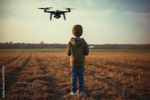 A boy, a schoolboy, launches and controls a drone, a copter against the backdrop of nature in a field.