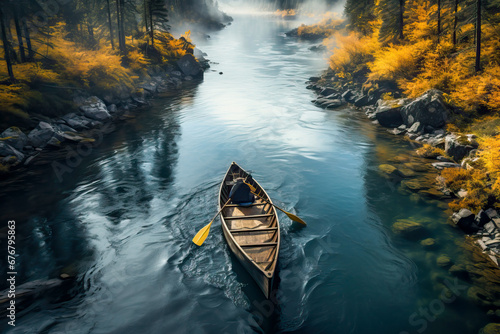 aerial view of a rowing boat in an autumn landscape photo