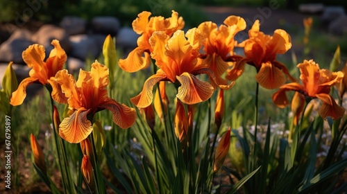 Orange irises in the garden. Shallow depth of field. Mother's day concept with a space for a text. Valentine day concept with a copy space.