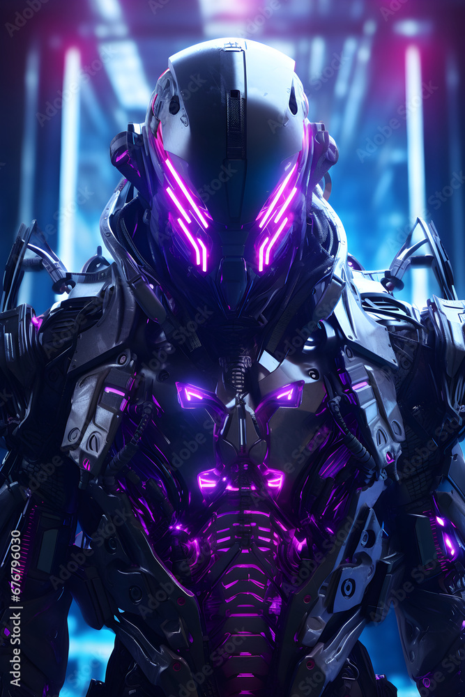 Cyberpunk concept. A brave cyberpunk warrior stands with a weapon in his hand against the background of a night city of the future. Game, virtual reality. Cyberpunk concept. A brave cyberpunk warrior stands with a weapon in his hand against the background of a night city of the future. Game, virtual reality.