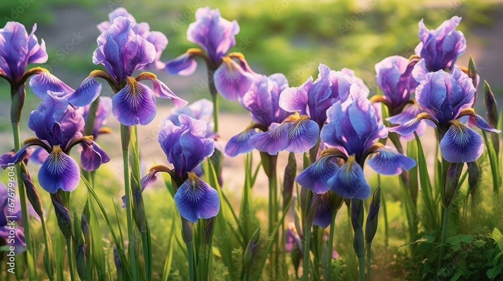 Beautiful iris flowers blooming in the garden. Nature background. Mother's day concept with a space for a text. Valentine day concept with a copy space.