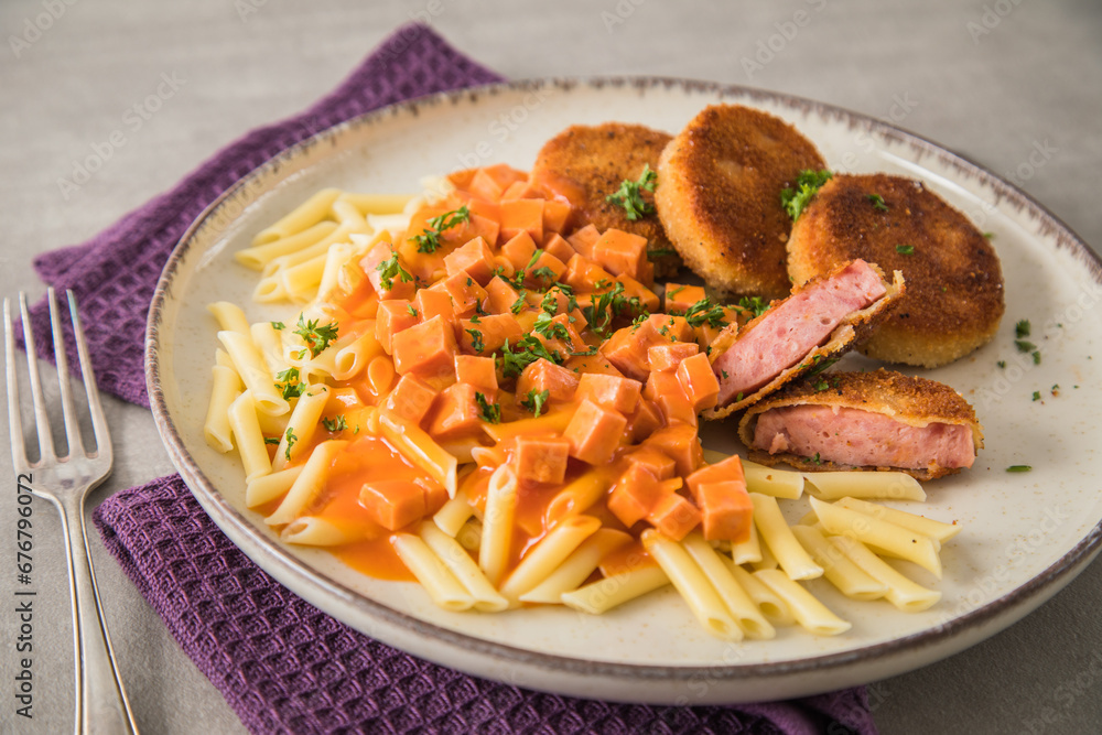 Jägerschnitzel nach DDR GDR Rezept mit Jagdwurst paniert, Makkaroni ... Jägerschnitzel nach DDR GDR Rezept mit Jagdwurst paniert, Makkaroni ...