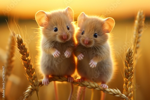 Two adorable and curious little mice happily playing and frolicking in a vibrant wheat field © Ilja