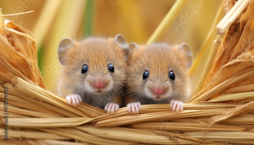 Two incredibly cute and curious mice joyfully frolicking and exploring in a scenic wheat field