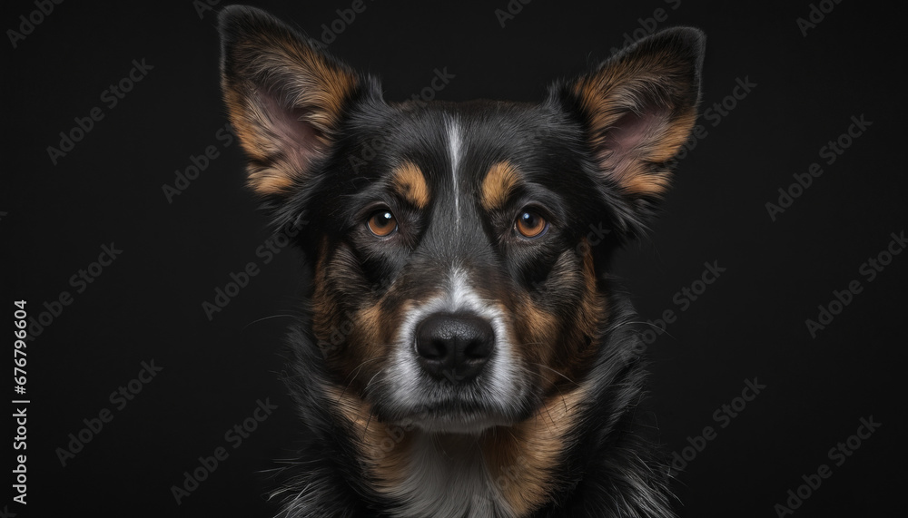 A dog with a sad look on its face and a black background