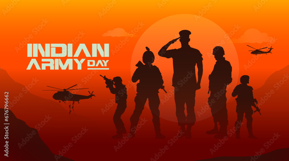 Indian Army Day text with military illustration, army background, soldiers silhouettes. Indian Army Day text with military illustration, army background, soldiers silhouettes.