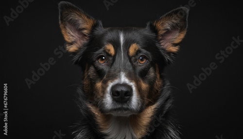 A dog with a sad look on its face and a black background