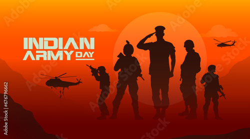Indian Army Day text with military illustration, army background, soldiers silhouettes.