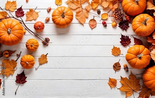 illustration of pumpkin and autumn leaves on white background  empty space decoration with space for copy created with generative ai