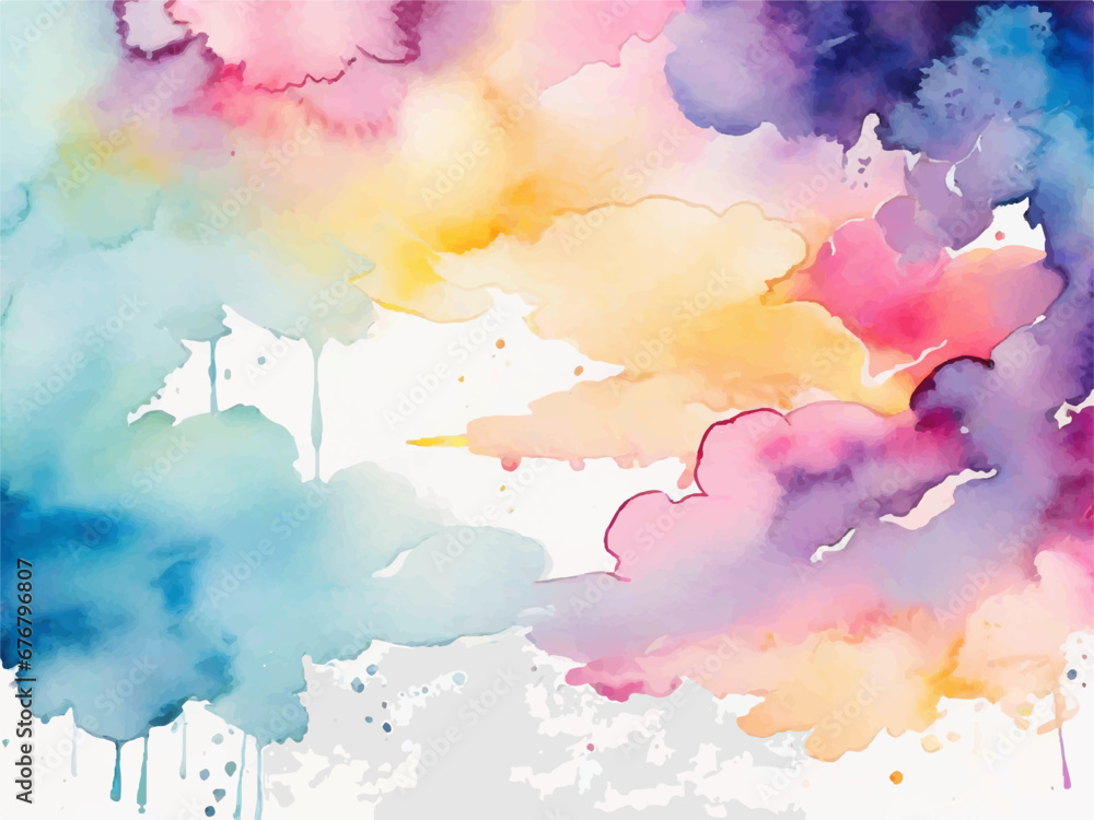 Modern hand painted watercolor sky and clouds vector background or elegant card design with abstract blue ink waves and cloud splashes on white color