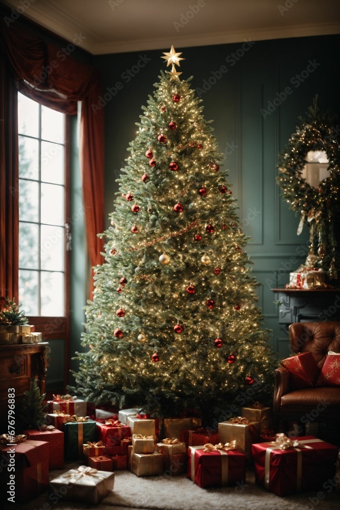 ultra realistic image, beautiful Christmas tree, with gifts around it, with a shining star at the top, Generative Ai ultra realistic image, beautiful Christmas tree, with gifts around it, with a shining star at the top, Generative Ai