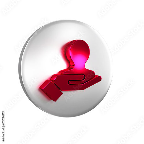 Red Hand for search a people icon isolated on transparent background. Recruitment or selection concept. Search for employees and job. Silver circle button.