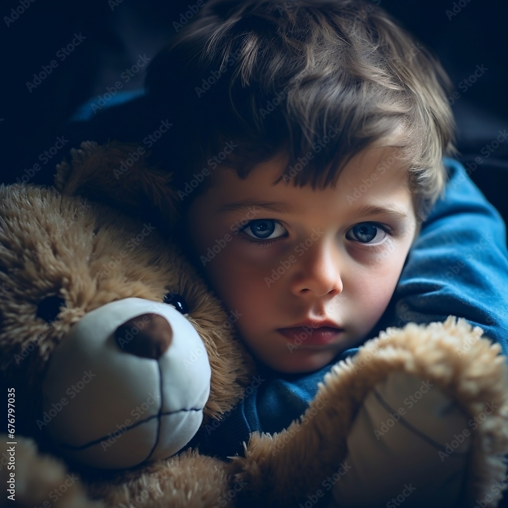 A close-up of young boy holding a teddy bead, blue clothes A close-up of young boy holding a teddy bead, blue clothes