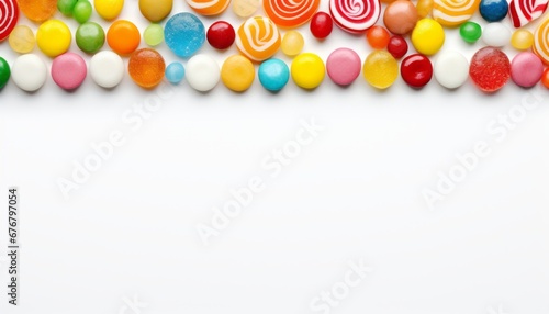 Top view winter background with christmas ornaments and candies on white, mockup for text placement