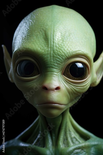 A close-up portrait of a green alien, black background