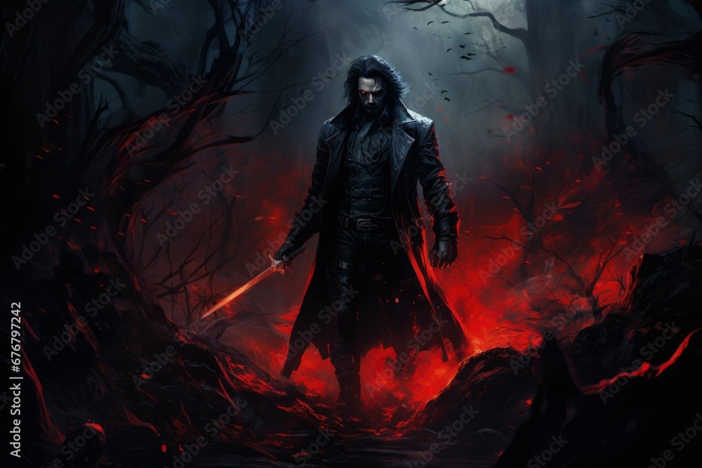 A lone vampire hunter's silhouette emerges against a backdrop of ominous red light, an eerie prelude to the night's grim pursuit. A lone vampire hunter's silhouette emerges against a backdrop of ominous red light, an eerie prelude to the night's grim pursuit.