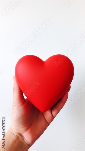 A close-up of a hand holding a bright red heart, white background