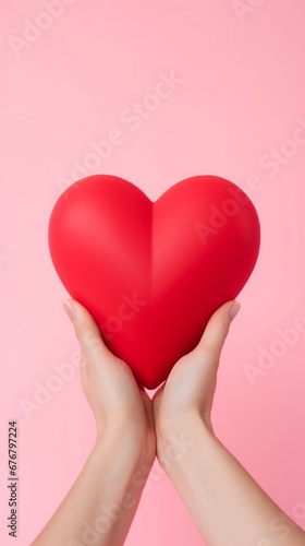 A close-up of a pair of hands holding a bright red heart, pink background