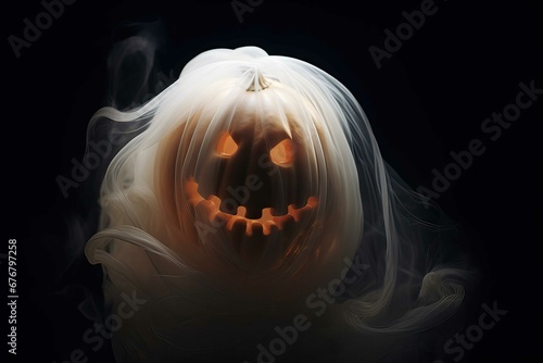 A close-up of a pumpkin ghost, scary dark smoky background, Halloween