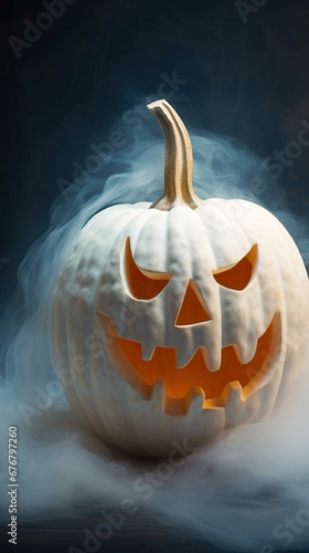 A close-up of a pumpkin ghost, scary dark smoky background, Halloween