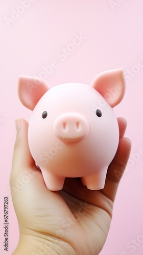 A close-up of a hand holding a cute pink pig toy, adorable piggy bank, pink background