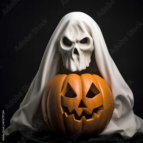 A close-up of a white scary ghost with a pumpkin, dark smoky background, Halloween