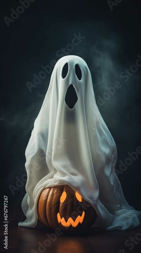 A close-up of a white scary ghost with a pumpkin, dark smoky background, Halloween