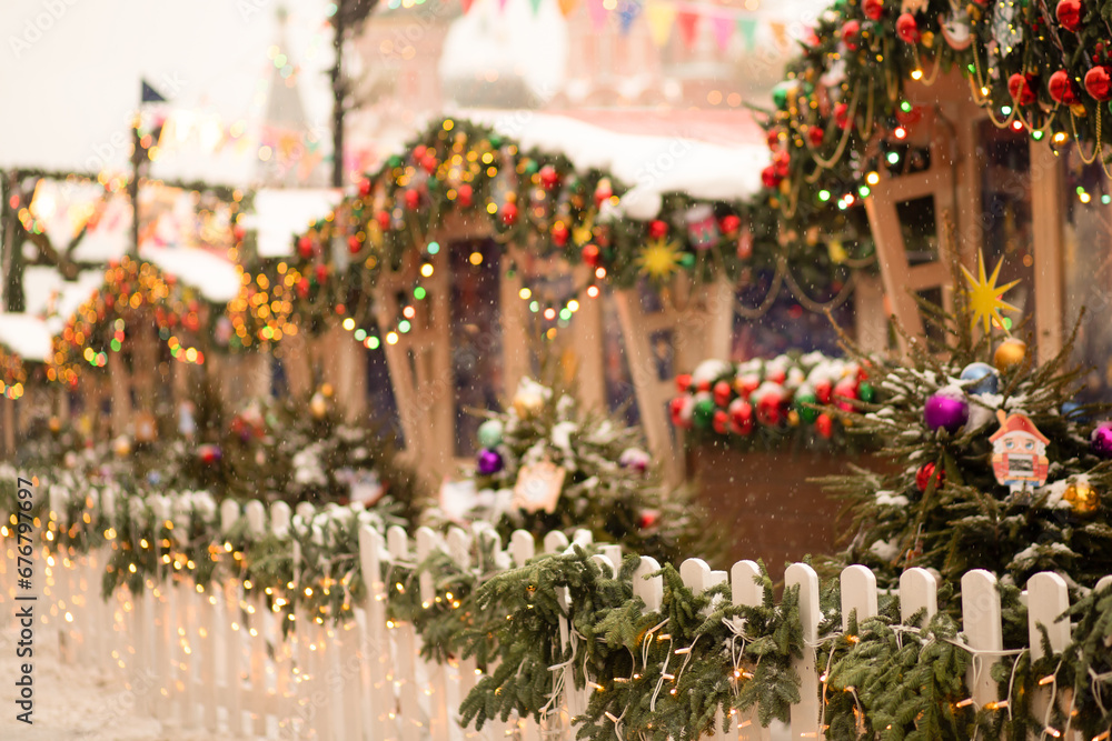 christmas bazaar in Moscow,winter fair on red square with snow