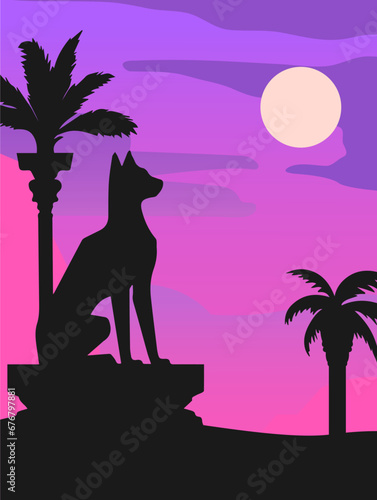 Silhouette of Egyptian cat sitting on temple ruin. Ancient concept. Moon, columns, palm tree background. Violet, pink colors vector illustration. Poster, banner design. Retro vintage style.