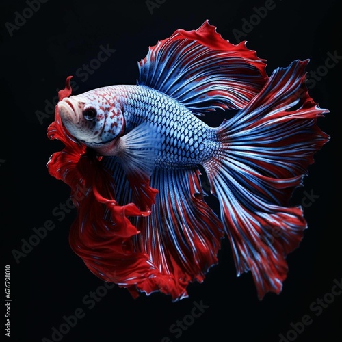 AI illustration of a vibrant red and white striped fish pictured swimming in a large body of water