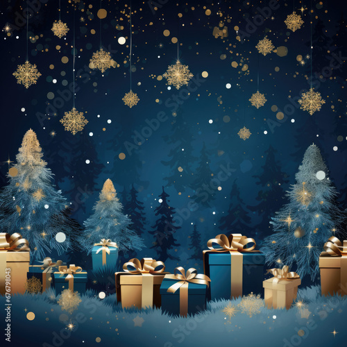 Elegant Christmas background with Christmas trees, gifts, sparkling stars for printing, Christmas cards, wallpaper, banners, greeting cards, social ads © Amanita Li