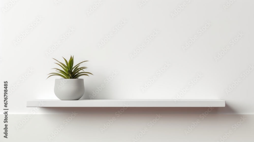 A minimalist white shelf featuring a small potted plant, creating a serene and modern interior space. A minimalist white shelf featuring a small potted plant, creating a serene and modern interior space.