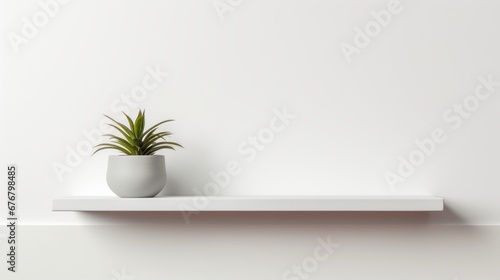 A minimalist white shelf featuring a small potted plant, creating a serene and modern interior space.