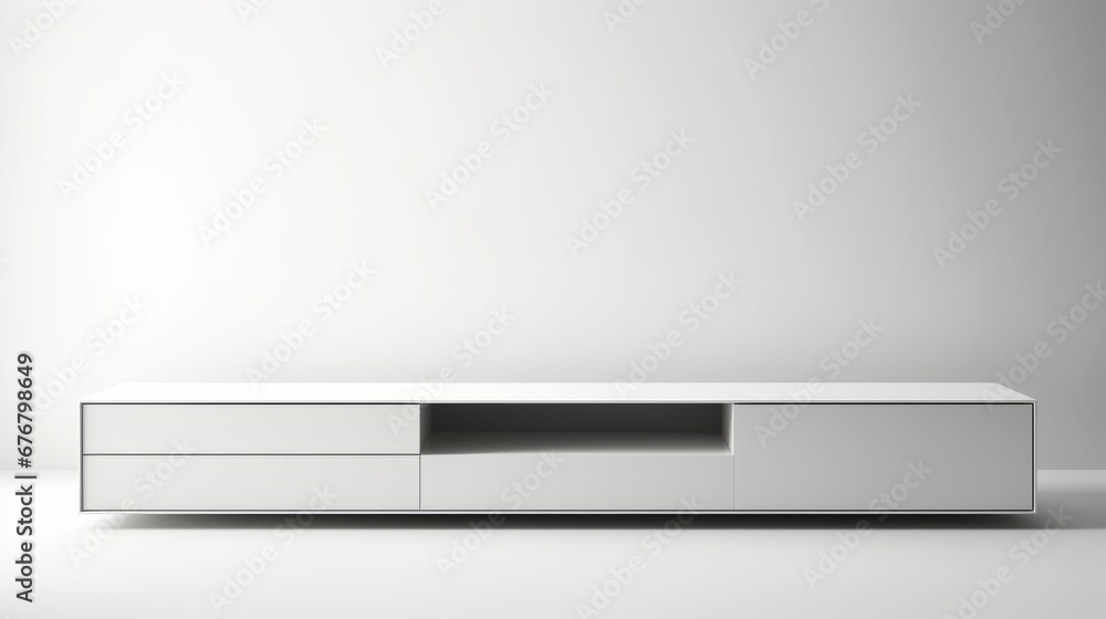 A modern white entertainment center with drawers and a shelf, perfect for storing and displaying your electronics and other media. A modern white entertainment center with drawers and a shelf, perfect for storing and displaying your electronics and other media.