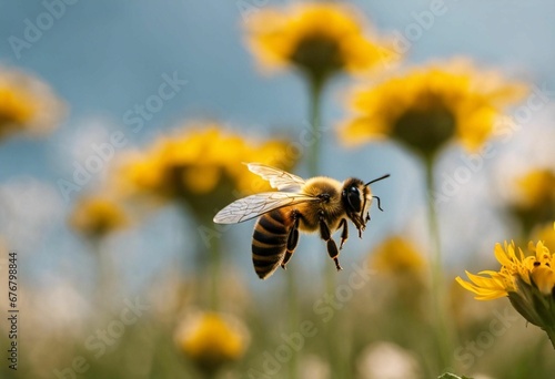 AI generated illustration of a close-up of a bee flying toward a bright yellow wildflower