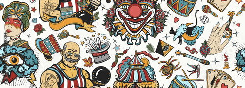Circus. Traditional tattooing background. Old school tattoo seamless pattern. Clown, strong man with dumbbells, fortune teller woman, magic trick, rabbit in a magician hat