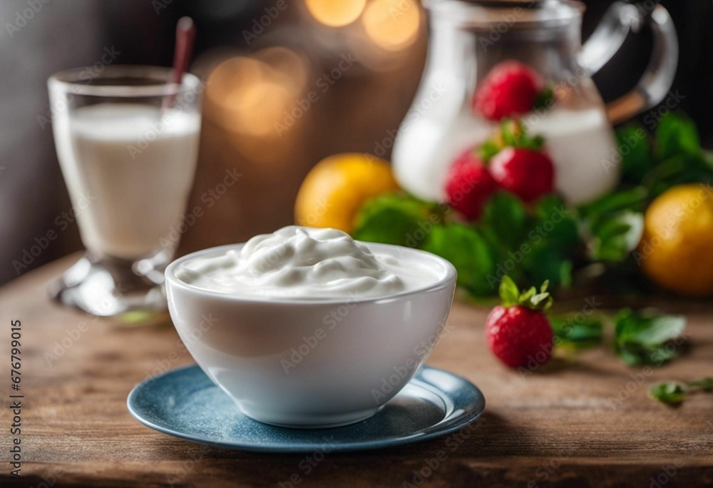 AI generated illustration of a white bowl filled with creamy yogurt next to a pitcher of milk AI generated illustration of a white bowl filled with creamy yogurt next to a pitcher of milk