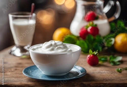 AI generated illustration of a white bowl filled with creamy yogurt next to a pitcher of milk