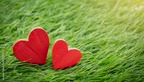 Two red wooden hearts on grass