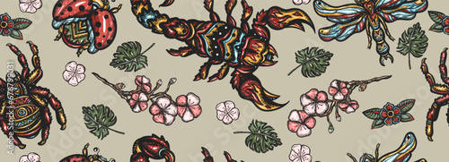 Insects background. Stag beetle, bee, bumblebee, butterfly, snail, scorpion, ladybug, spider and dragonfly. Old school tattoo vector seamless pattern