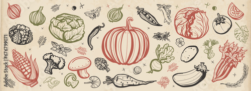 Vegetables. Old school tattoo collection. Cabbage, pumpkin, beets, tomato, corn, vegetables, lettuce, mushrooms, eggplant, potatoes, carrots, garlic. Traditional tattooing style