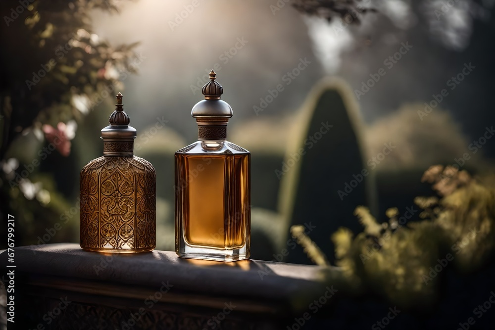 luxurious baroque perfume bottle template , old castle and mysterious light background luxurious baroque perfume bottle template , old castle and mysterious light background