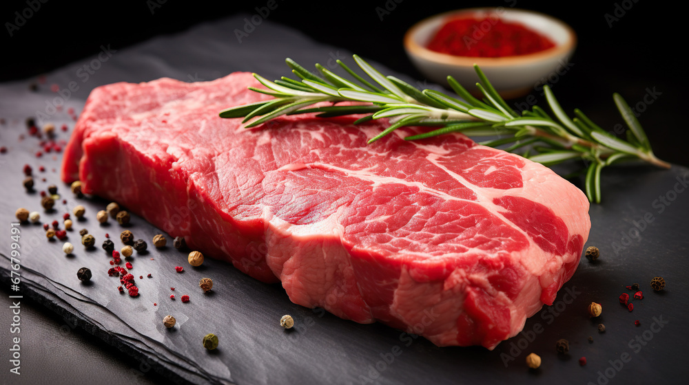 Raw beef steak with a sprig of rosemary on dark background