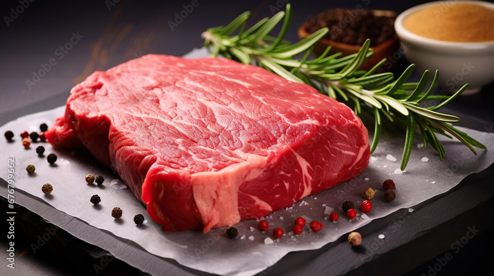 Raw beef steak with a sprig of rosemary on dark background