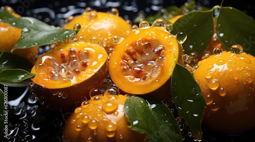  a group of oranges sitting on top of a table with water droplets on the tops of the oranges.  generative ai