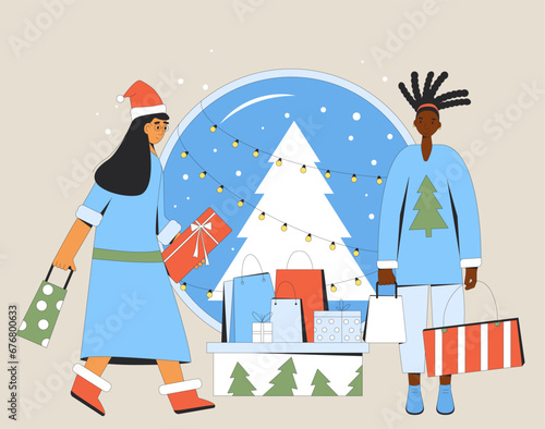 Friends exchanging gifts. Holiday shopping together. Christmas party.