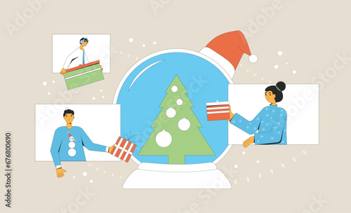 Christmas online. Friends videoconferencing to exchange gifts.