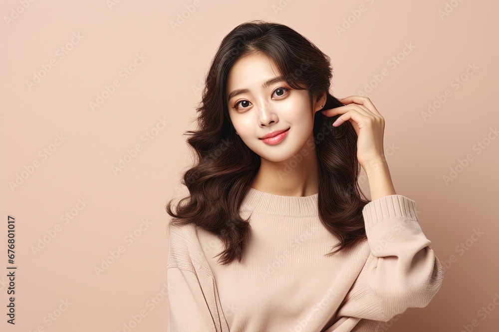 portrait of attractive Korean girl in sweater, showing promotional offer, single color background, generative ai portrait of attractive Korean girl in sweater, showing promotional offer, single color background, generative ai