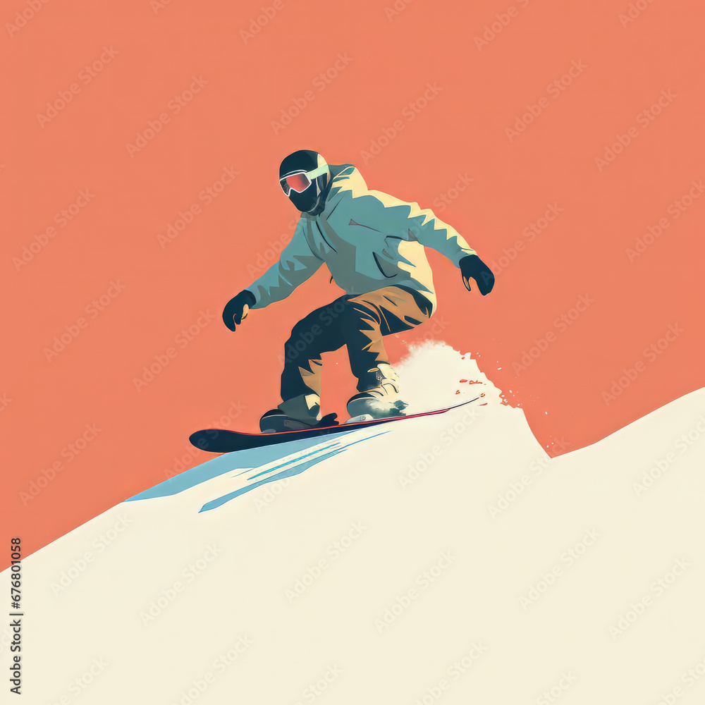 Minimalist man snowboarding, generative ai image